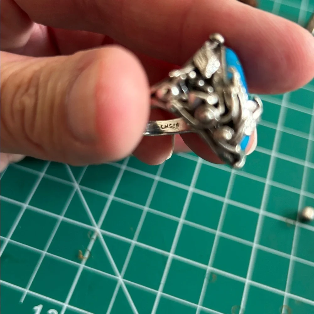 Artisan Turquoise Blue Oval Stone Silver Floral Ring